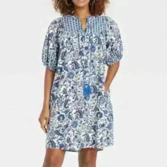 KNOX ROSE dress  Puff Sleeve Blue White Bohemian Floral Tassel Tie Size S - Picture 2 of 11